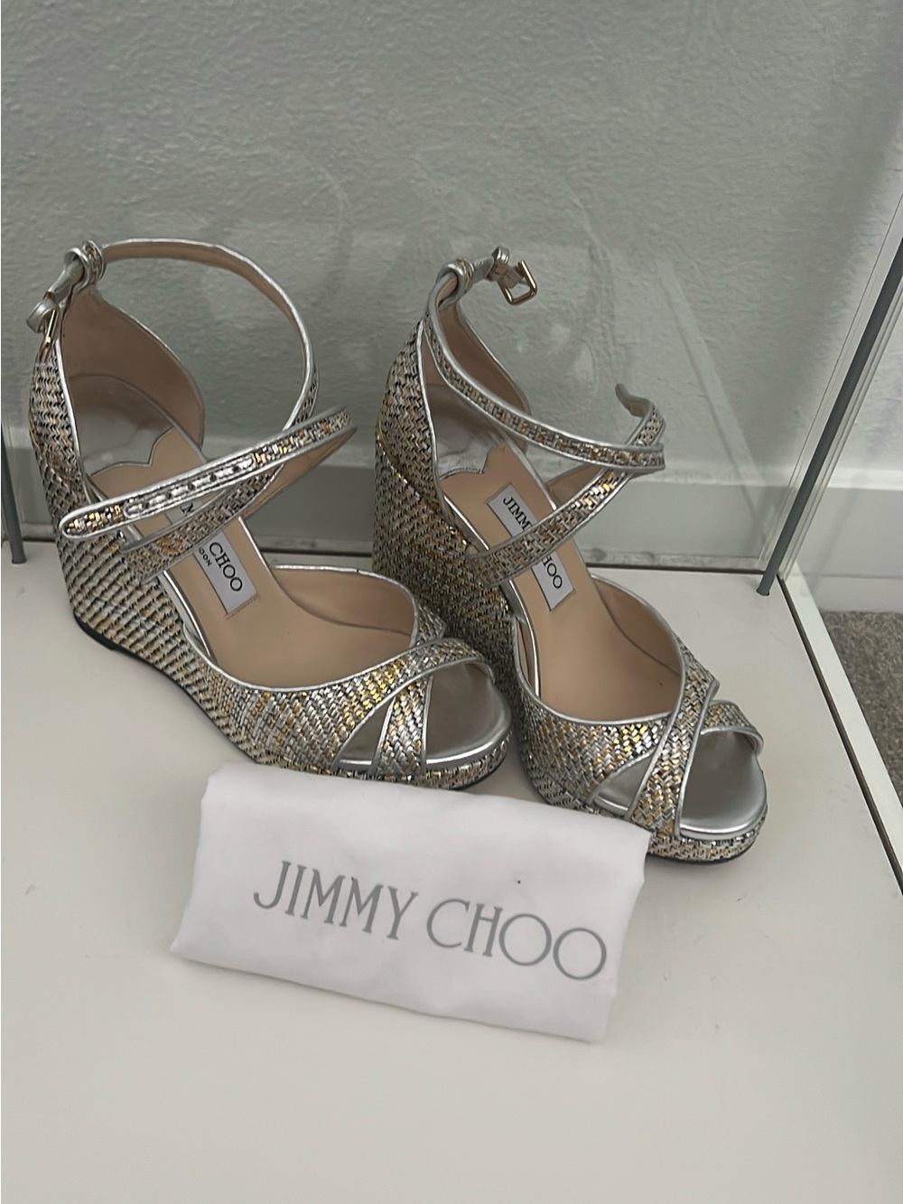 Jimmy Choo Silver and Gold Woven Metallic Wedge Sandals